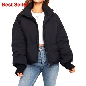 Winter Cropped Puffer Jacket Quilted Short Warm Stand Collar Zippered Pockets